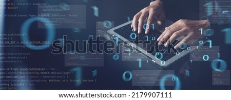 Digital technology, software development, agile methodology concept. Coding programmer, software engineer working on laptop with javascript computer code on virtual screen Royalty-Free Stock Photo #2179907111