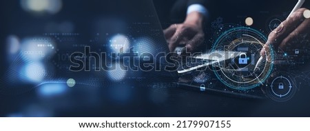 Cyber security and data protection. Businessman using digital tablet protecting business and financial data with virtual network connection, smart solution from cyber attack, cybersecurity technology Royalty-Free Stock Photo #2179907155
