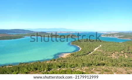 Panoramic coast view , Cunda, Ayvalik Turkey, Natural landscape, green and blue sea, clear sky, vacation destination ideas