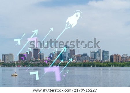 Panorama skyline, city view of Boston at day time, Massachusetts. Building exteriors of financial downtown. Startup company, launch project to seek and develop scalable business model, hologram sketch