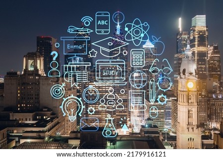 Aerial panoramic cityscape of Philadelphia financial downtown at summer night time, Pennsylvania, USA. Technologies and education concept. Academic research, top ranking universities, hologram