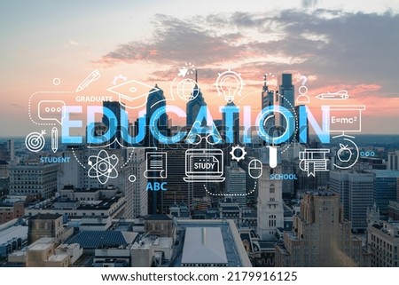 Aerial panoramic skyline of Philadelphia financial downtown, Pennsylvania, USA. City Hall Clock Tower at sunset. Technologies, education concept. Academic research, top ranking universities, hologram