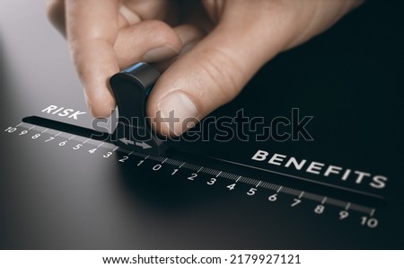 Man monitoring risk and benefits in inverstemt or medicine by sliding a controler. Composite image between a 3d illustration and a photography.