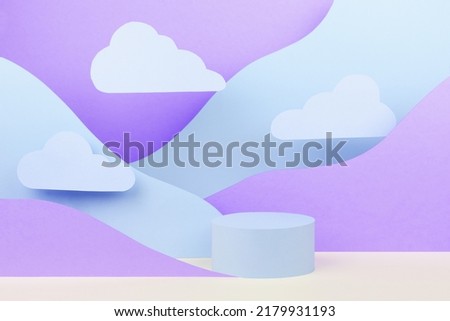 Funny children abstract stage - round podium mockup, mountain landscape - pastel blue, violet, white color slope, clouds in cartoon style. Showcase template for advertising, presentation produce.
