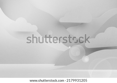 White abstract stage mockup with paper landscape - clouds, mountains white and grey color, sunlight, glow glare in modern minimal simple style. Showroom for advertising, design, presentation cosmetic.