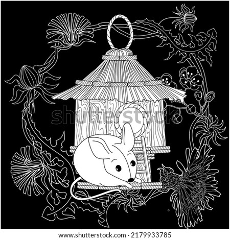 Art therapy coloring page for adults and children. Colouring pictures with mouse and cute house. Linear engraved art. Antistress freehand sketch drawing with doodle and zentangle elements.
