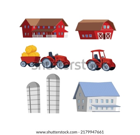 Farming and agriculture items set with barns, grain storages and tractors, flat vector illustration isolated on white background. Rural economy and agronomy symbols. Royalty-Free Stock Photo #2179947661