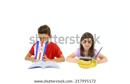 Children with books and food isolated on white background