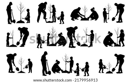 Planting tree and landscaping. Silhouette of people with  tree seedling and watering cans and shovel. Set. Vector illustration