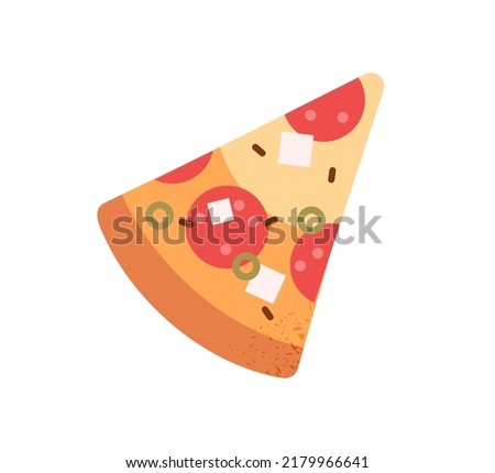 Pizza slice. Triangle piece of Italian fast food. Italy snack with salami sausage, feta cheese, olives, crust. Tasty meal, fastfood icon. Flat vector illustration isolated on white background