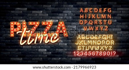 Vector realistic isolated retro marquee billboard with electric light lamps of Pizza Time logo with alphabet font on the wall background.