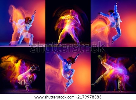 Slow motion moves. Collage with young men and women, break dance or hip hop dancers dancing isolated over multicolored background in neon mixed light. Youth culture, movement, music, fashion, action. Royalty-Free Stock Photo #2179978383