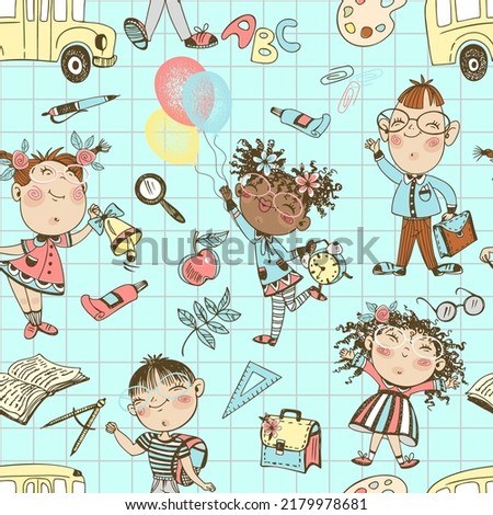 Seamless pattern on a school theme with schoolchildren and school accessories. Back to school. The school bus.  Vector