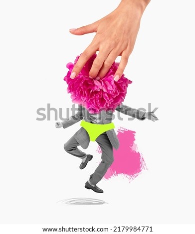 Contemporary art collage. Young man in a suit, having flower head, dancing isolated on grey background. Romantic meeting. Concept of creativity, imagination, inspiration, surrealism, artwork, ad