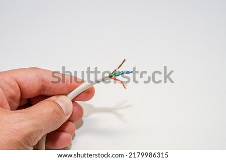 A computer wizard strips the wires of an Internet cable for connecting a twisted pair cable to a jack RJ-45 Royalty-Free Stock Photo #2179986315