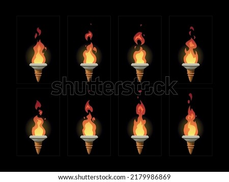 Fire torch animation. Flame Cartoon torch sprite sheet for video game. Burning fire on old wooden torch vector illustration.