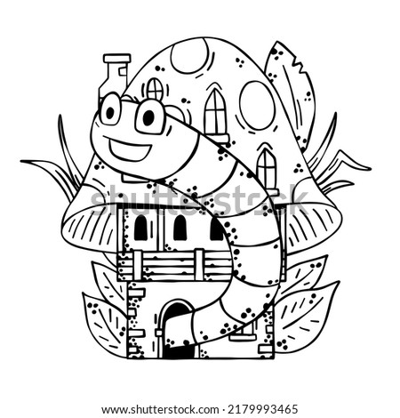 Mushroom house with funny caterpillar. Fairy tale children drawing. Fabulous natural dwelling with cute worm. Fun coloring book