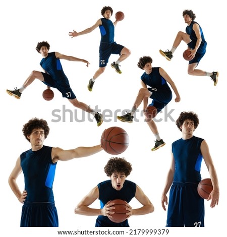 Professional sport. Collage made of dynamic portraits of male basketball player playing basketball isolated white studio background. Sport, team, competition concept. Poster, banner for ad, sales