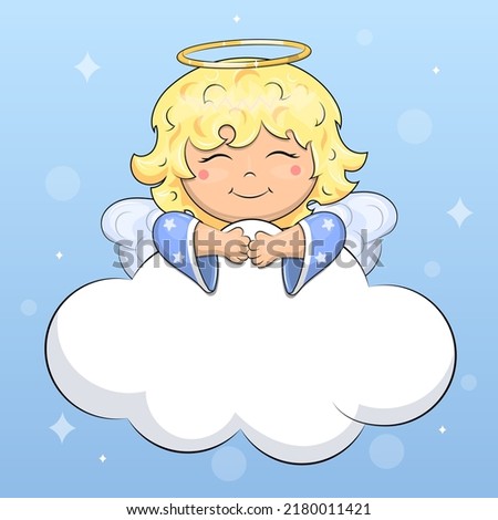 Card with a cute cartoon angel on a cloud with space for text. Vector illustration on a blue background.
