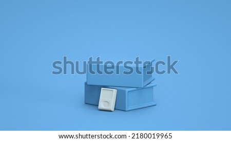 monochrome single blue color  white music player and books,  mockup in blue background,single color, 3d Icon, 3d rendering, household objects
