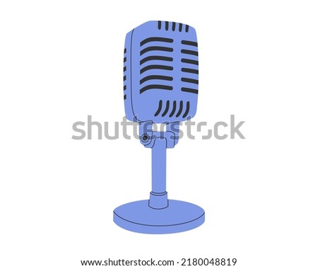Hand drawn cute cartoon illustration of retro microphone. Flat vector sound recording studio sticker in simple colored doodle style. Audio device icon or print. Isolated on white background.