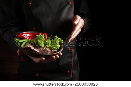 Chef keeps a plate with sliced beef meat and vegetables. The concept of cooking on a dark background