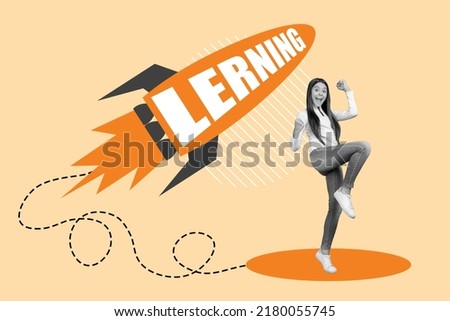 Collage picture of delighted excited girl black white gamma raise fists celebrate triumph painted flying learning rocket