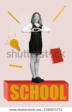 Vertical collage image of amazed happy girl black white gamma hands showing heart gesture stand school text platform isolated on painted background