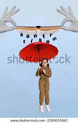 Vertical collage picture of big arms hold book letters brainstorm rain happy smiling girl umbrella protect isolated on creative background