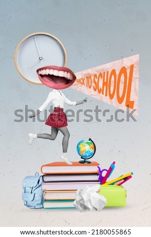 Vertical collage picture of girl black white gamma speaking big mouth instead head sat back to school pile stack book supplies equipment