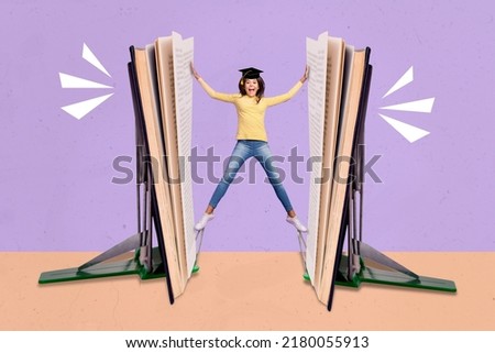 Creative collage image of excited crazy small girl holding between two huge opened book isolated on painted background