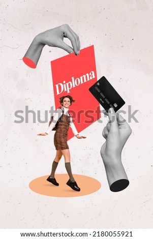 Photo artwork minimal picture of happy smiling lady buying credit card diploma isolated drawing background