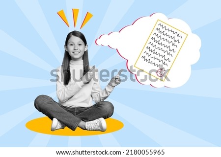 Composite collage picture of happy smiling girl sitting indicate fingers mind bubble cloud A grade isolated on creative background
