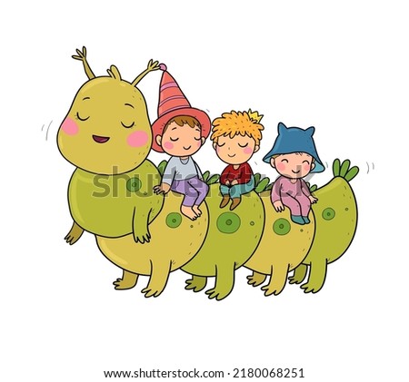 Cute cartoon gnomes are sitting on a caterpillar. Forest elves. Funny boys brothers. The little prince and his friends