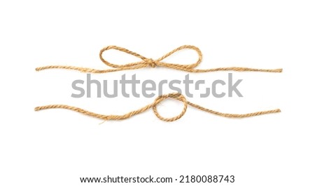 String bow isolated. Jute rope bows, packaging cord knots, knotted rustic gift, eco-friendly natural rope bow Royalty-Free Stock Photo #2180088743