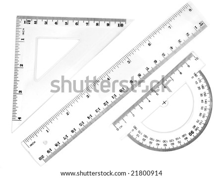 close up of different rulers and  school supplies on white background with clipping path