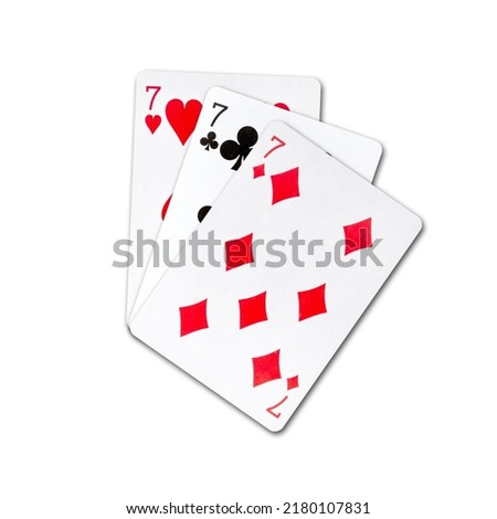 Three sevens, Playing cards, isolated on a white background. Poker hands. Design element. Playing cards. Background. Royalty-Free Stock Photo #2180107831