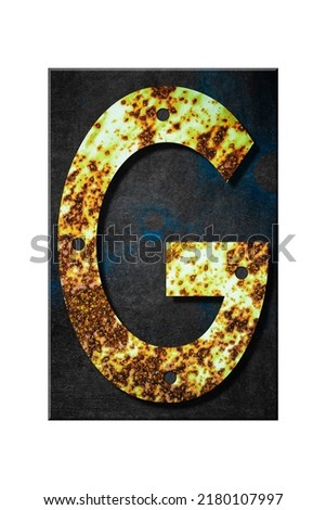 Letter G. Alphabet from letters, from rusty iron, on a wooden plank. Isolated on white background. Education. Design element.