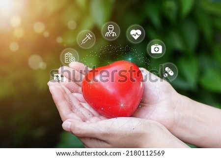 female hand holding red heart shape in hand with medical icon modern network connection virtual screen interface medical service and technology concept network.	