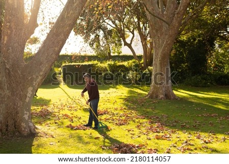 Image of happy caucasian senior man swiping leaves in garden. Lifestyle, autumn, spending time at home and garden concept.