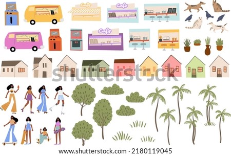 Set of retro summer clip art, black girl roller skates, skateboarding with dog clipart, cute small houses, green trees, palm trees png, Vector illustration in flat cartoon style.