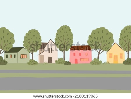 cards with summer city landscapes clipart. Backgrounds scenery with suburban houses, trees, bushes, palms, green grass clip art, Summertime postcard designs with town street, cafe, ice cream truck