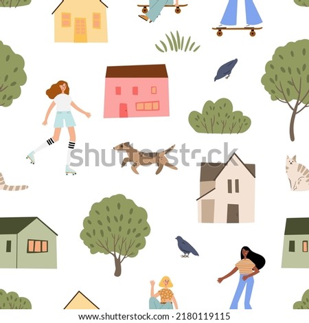 Seamless pattern with retro girl roller skates, skateboarding, Digital paper with groovy retro items, Endless backgrounds with cafe and palm tree. Repeatable textures with cute houses.