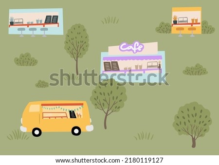 cards with summer city landscapes clipart. Backgrounds scenery with suburban houses, trees, bushes, palms, green grass clip art, Summertime postcard designs with town street, cafe, ice cream truck