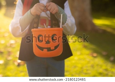 Image of midsection of caucasian boy in pirate costume in autumn garden. Halooween, american culture and celebration concept.