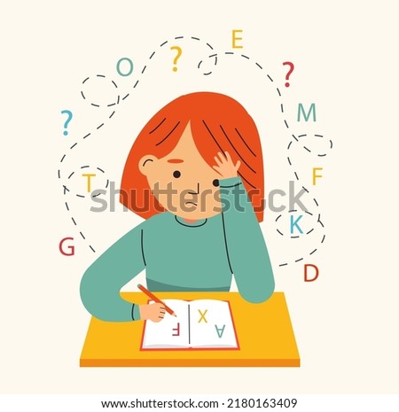 Dysgraphia, dyslexia and  learning difficulties concept. Vector illustration. Young girl  character has problems with reading, writing. Royalty-Free Stock Photo #2180163409