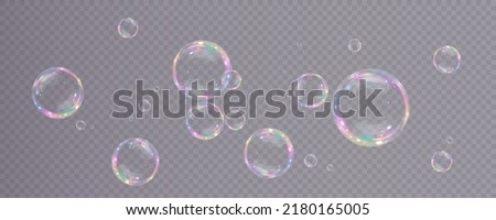 Collection of realistic soap bubbles. Png Bubbles are located on a transparent background. Vector flying soap bubbles Royalty-Free Stock Photo #2180165005
