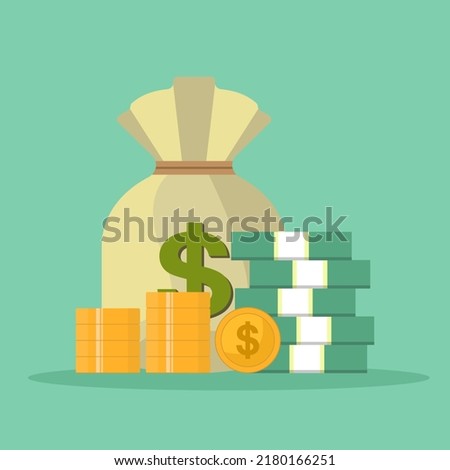 Money bag, paper money and golden coins with dollar sign, flat style vector illustration isolated on green background.