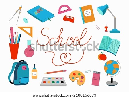 Lettering, school. Stationery, accessories for study. Education. Color vector illustration. The background is isolated.