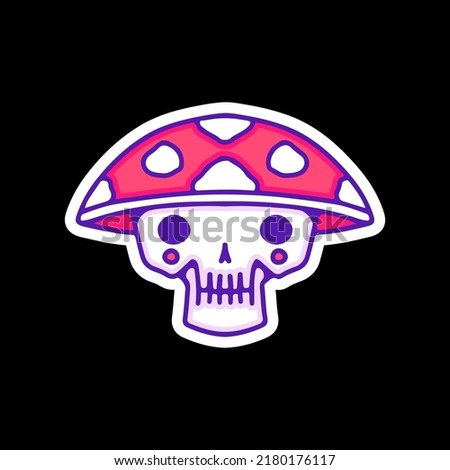 Cute skull mushroom head illustration, with soft pop style and old style 90s cartoon drawings. Artwork for street wear, t shirt, patchworks; for teenagers clothes.